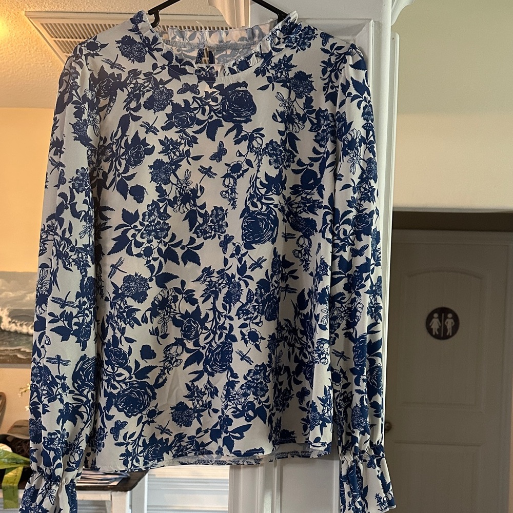 Blue and White Floral Long Sleeve Blouse
